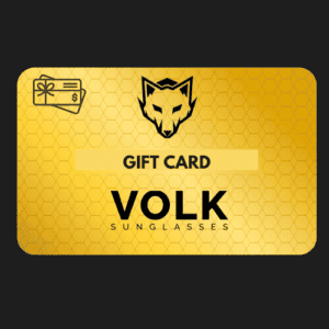 Картка подарка VOLK солнцезащитные очки, стильный дизайн, жёлто-чёрная гамма, оригинальный логотип волка, для модных аксессуаров, подарочный сертификат, бренд VOLK, солнечные очки высокого качества.
