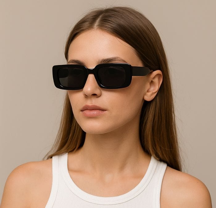 Квадратные поляризационные солнцезащитные очки VOLK на девушке — вид спереди
