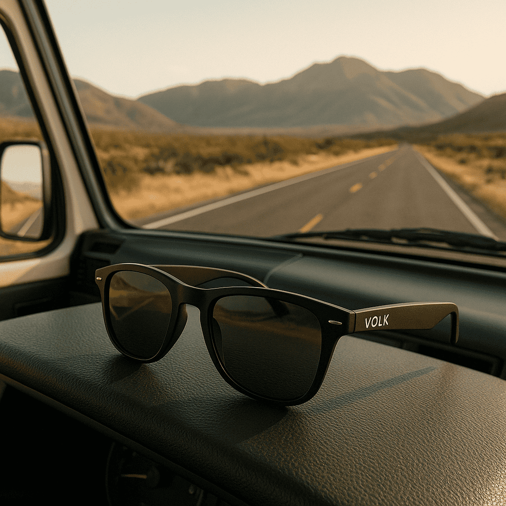 Sunglasses on car dashboard with landscape view, VOLK brand, stylish UV protection eyewear.